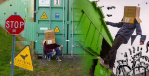 photo montage. two people wearing boxes on their heads posing in front of a dumpster and a shipping container