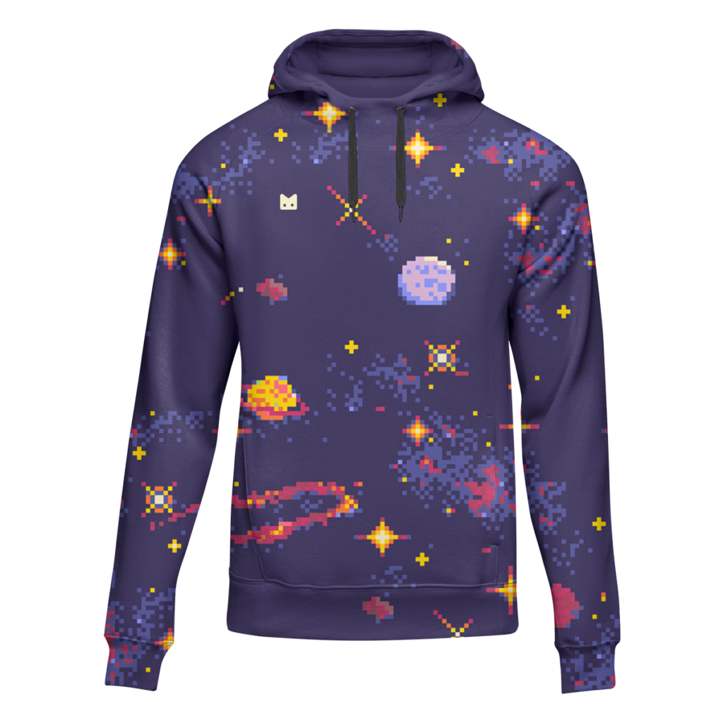 Hoodie with a pixel art pattern of space