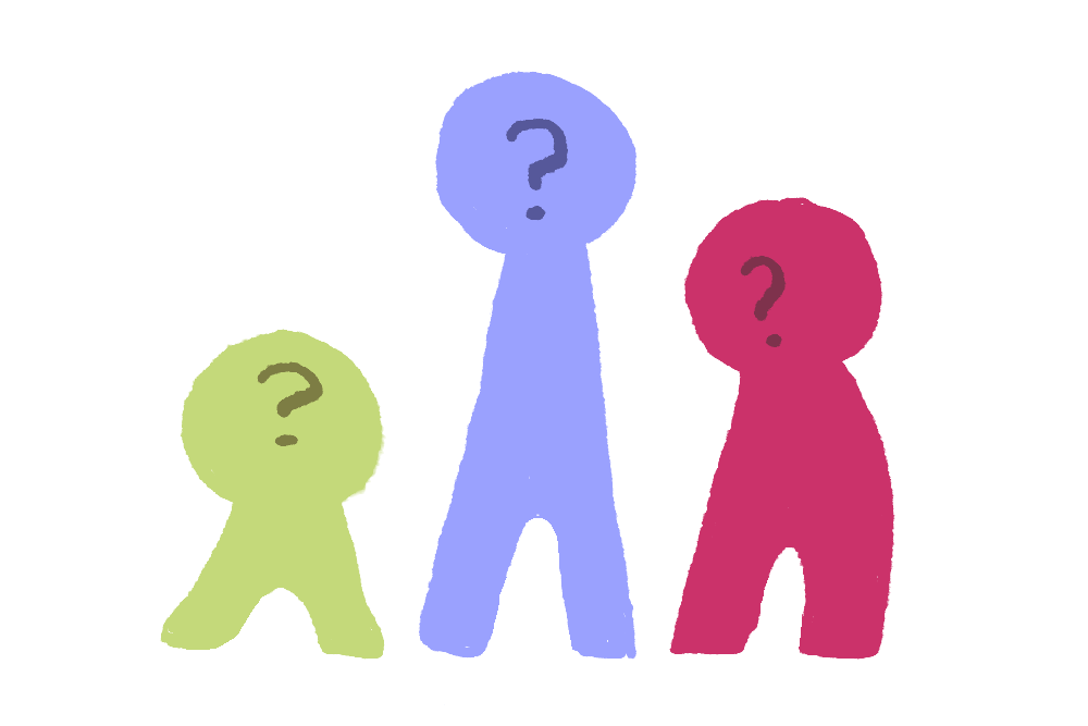 Three colourful figure representing the three members of Kwartz Gaming with question marks on their faces.