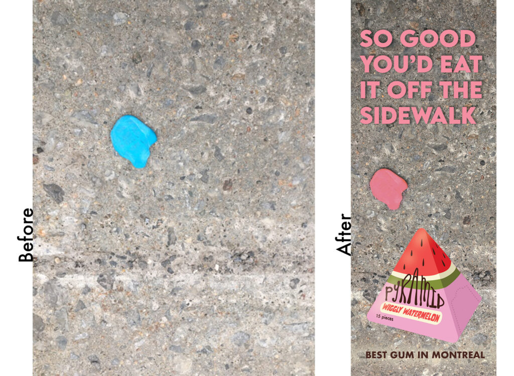 a before and after of a gum advertisement.