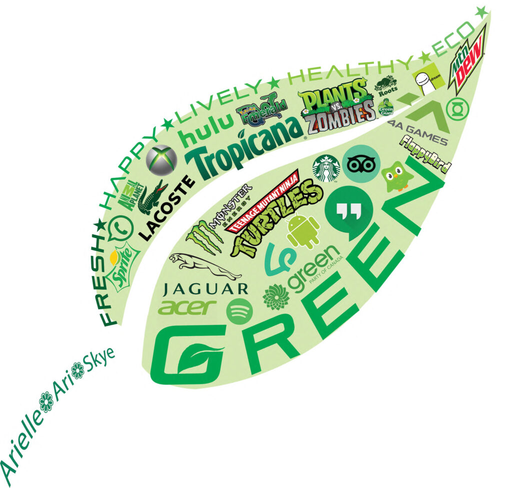 Logo collage of many green logos on a leaf.