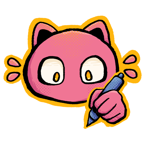 A pink cat holding a pen.