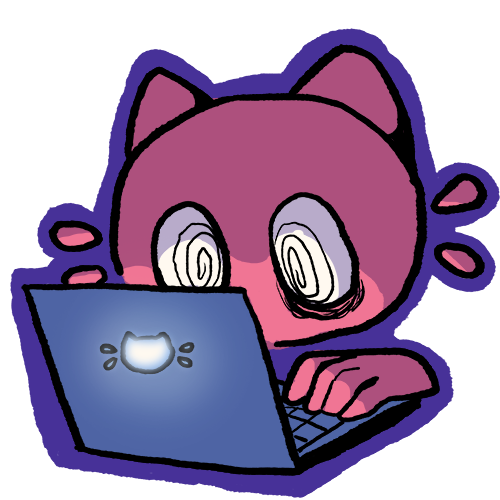 A pink cat typing on a laptop.