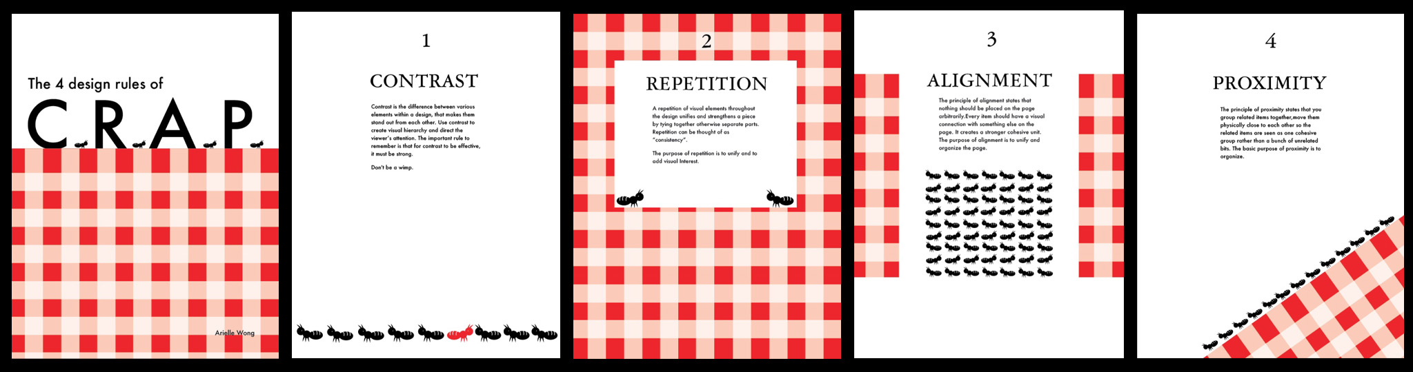 All pages of the booklet. They explain the four design rules: Contrast, Repetition, Alignment and Proximity.