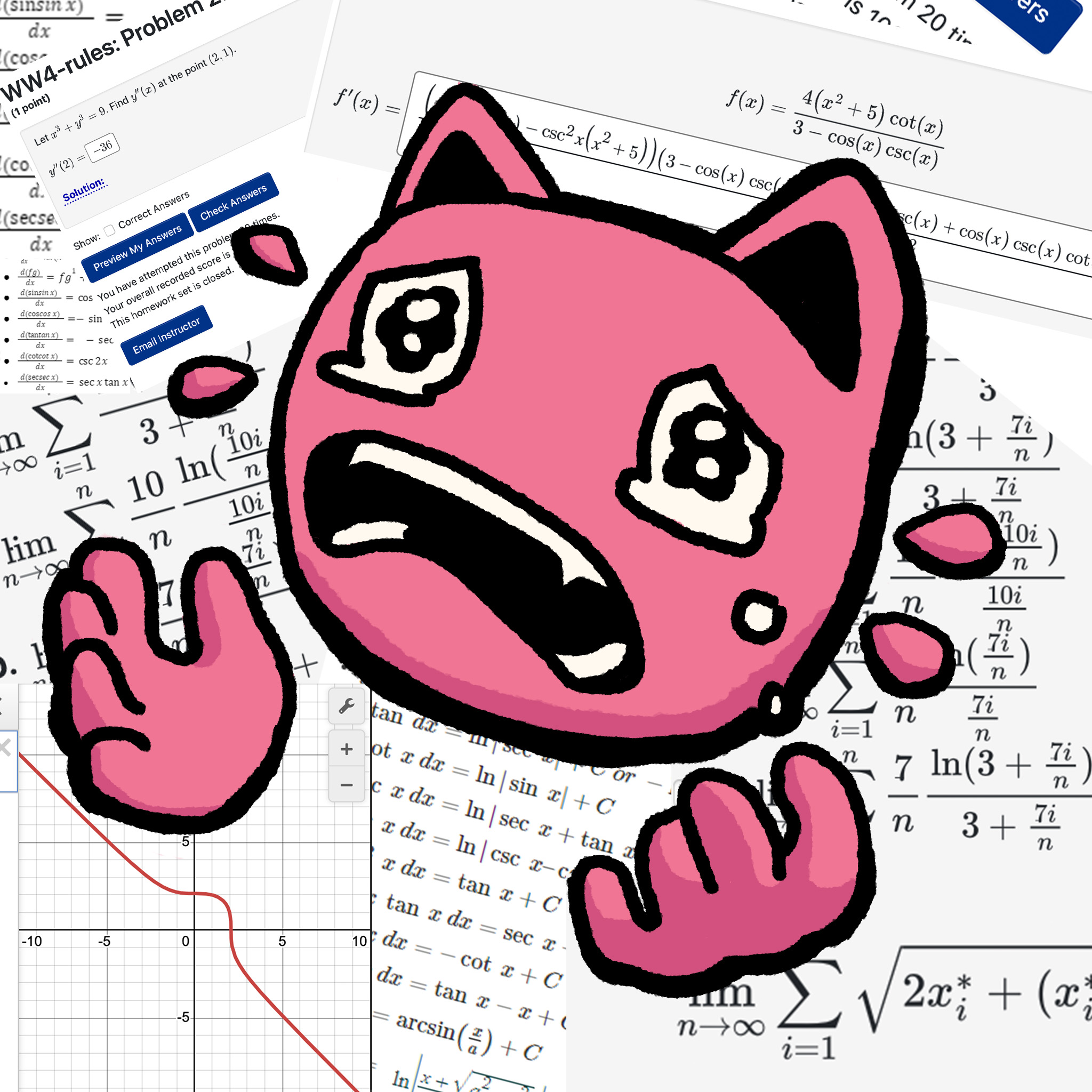 Pink cat despairing over calculus