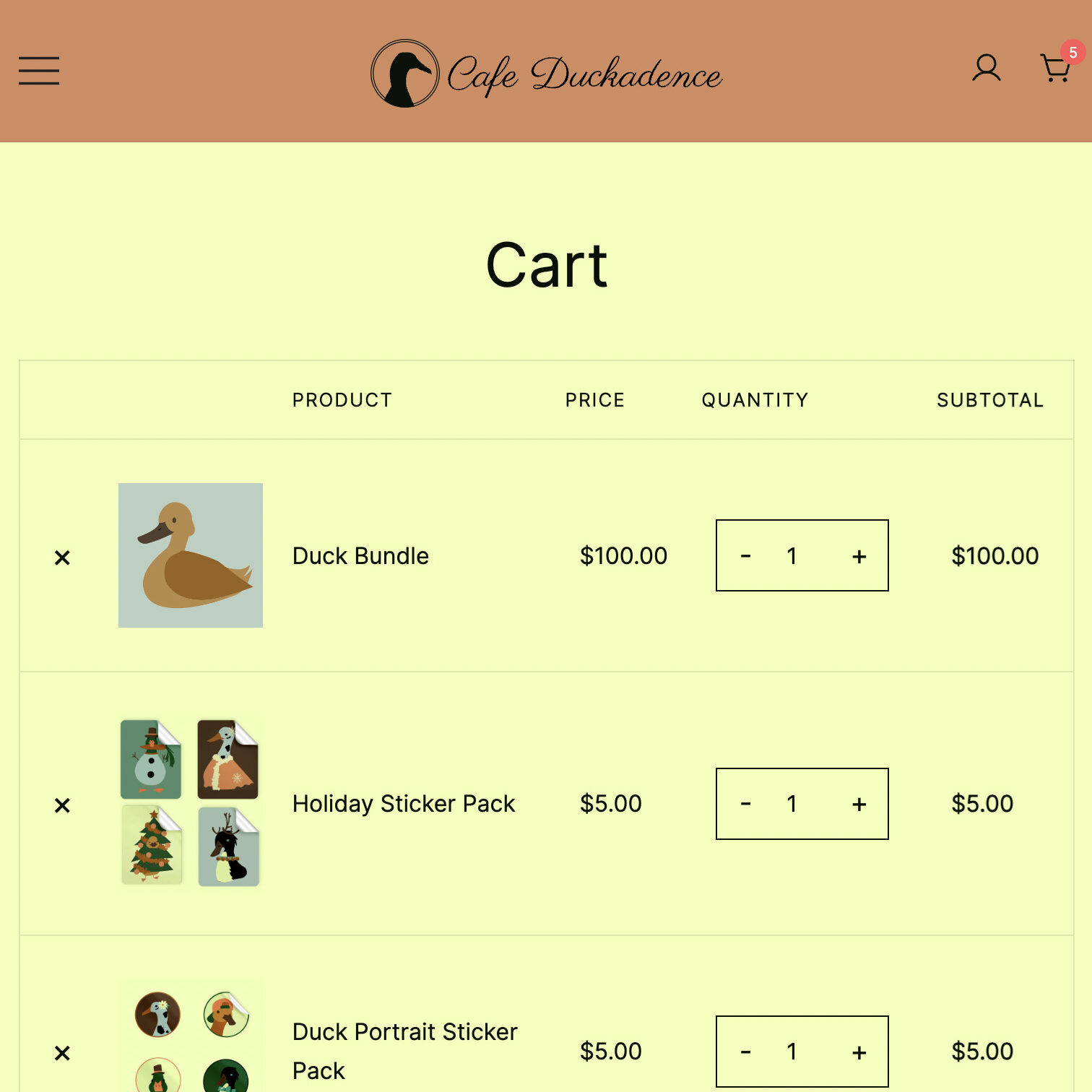 Online shopping cart for the merch store of Cafe Duckadence