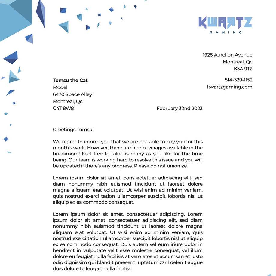 Letterhead for the indie game company Kwartz Gaming. 
