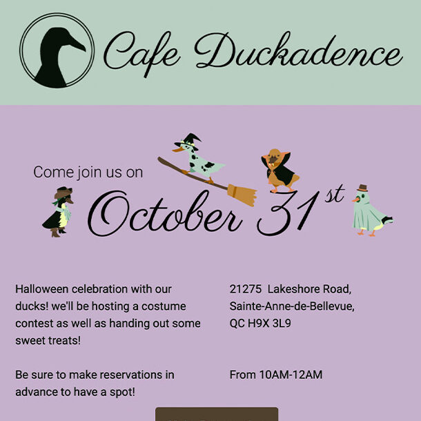 Email Newsletter advertising a duck cafe's Hallowe'en activities