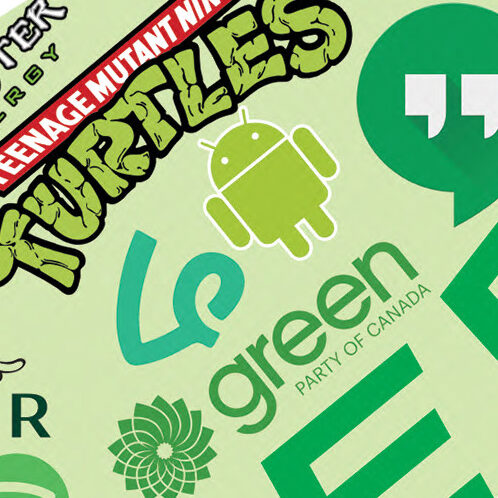 Zoom in of logo collage. Amalgamation of green logos.