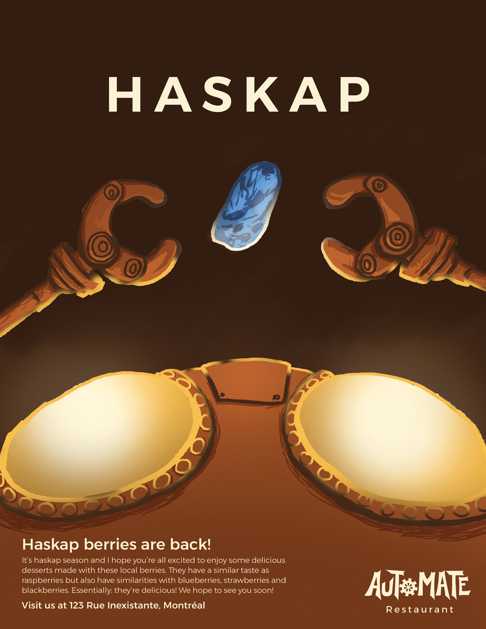 Magazine ad of a robot reaching for a haskap. 