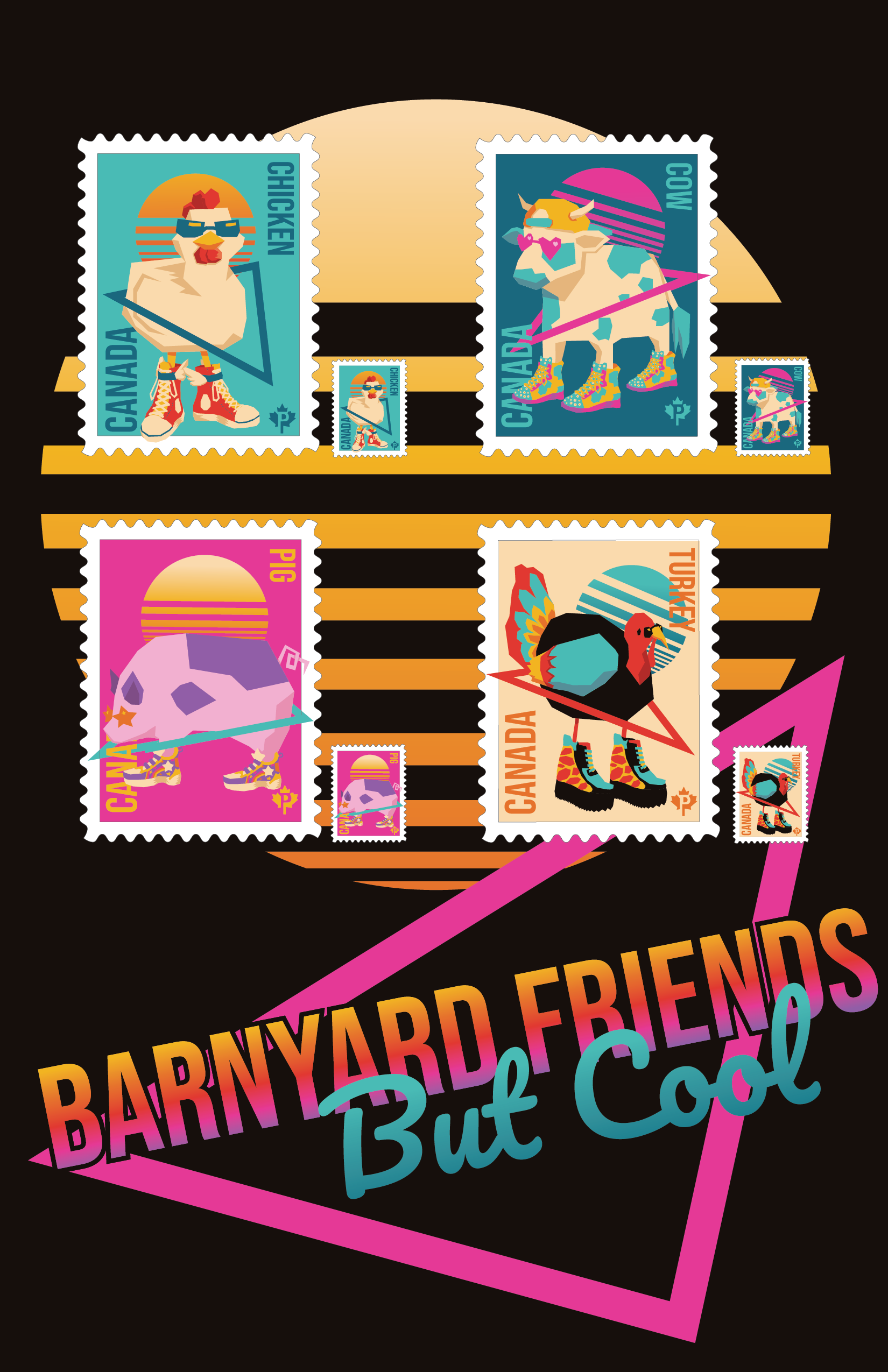 Stamps of barnyard animals wearing cool shoes