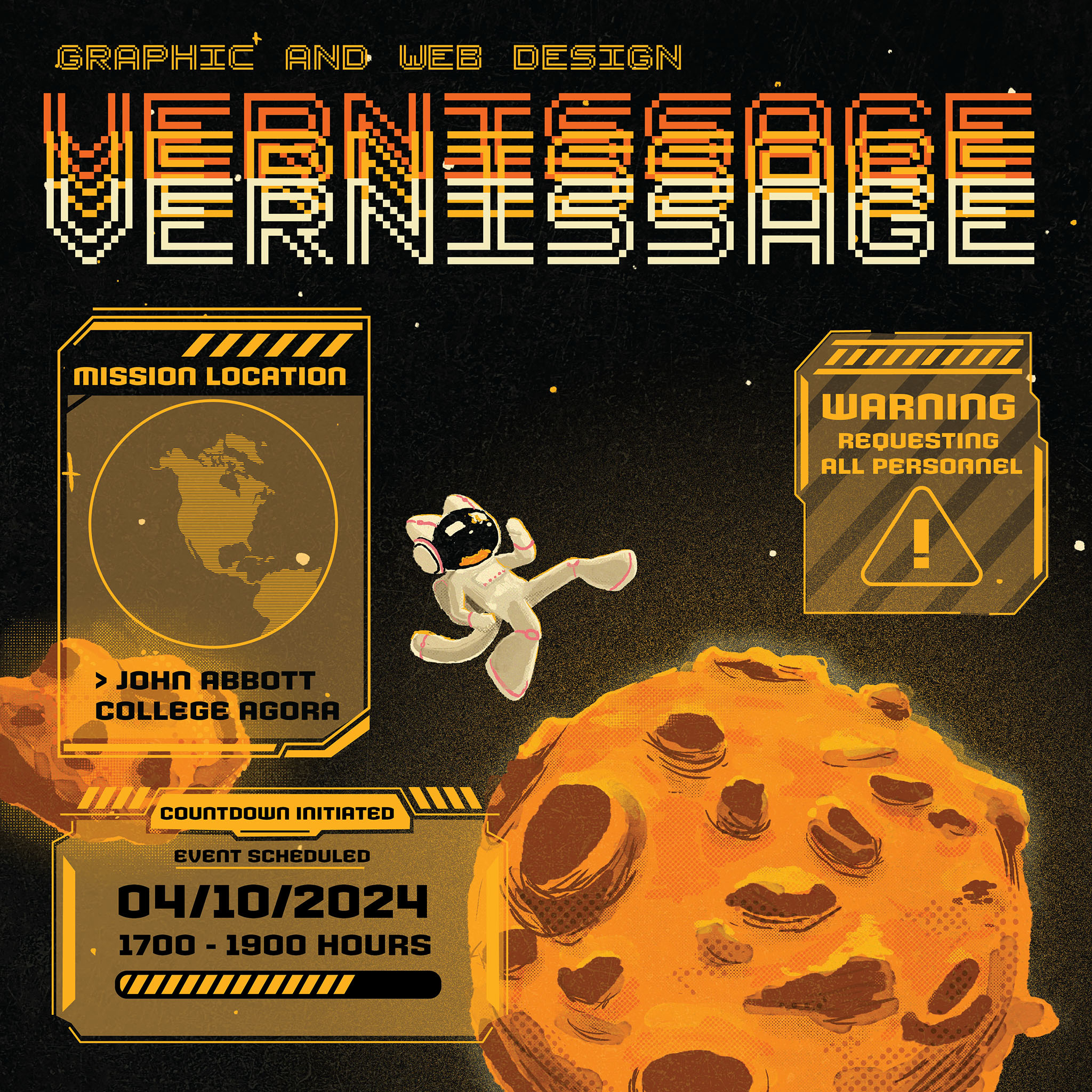 Space cat jumping onto a planet. It is a poster advertising the graphic and web design vernissage